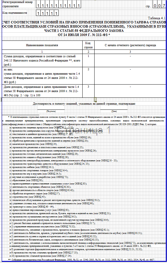 Образец заполнения 4-ФСС. таблица 4.1